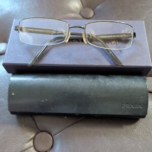 Prada Half Rim Rectangular Eyeglasses in Gunmetal Brown Frame